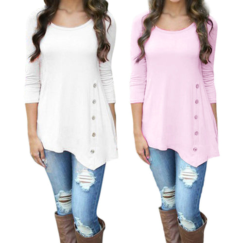 Women Long Sleeve Loose Button Trim Blouse solid color Round Neck Tunic T-Shirt