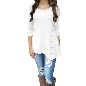 Women Long Sleeve Loose Button Trim Blouse solid color Round Neck Tunic T-Shirt