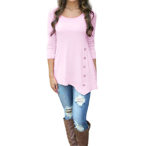 Women Long Sleeve Loose Button Trim Blouse solid color Round Neck Tunic T-Shirt